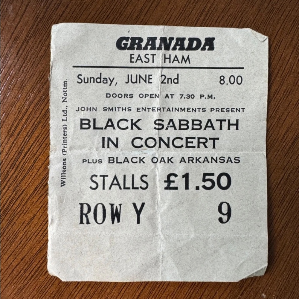 Black Sabbath ozzy  Ticket June 2nd 1974  Granada East Ham London , England